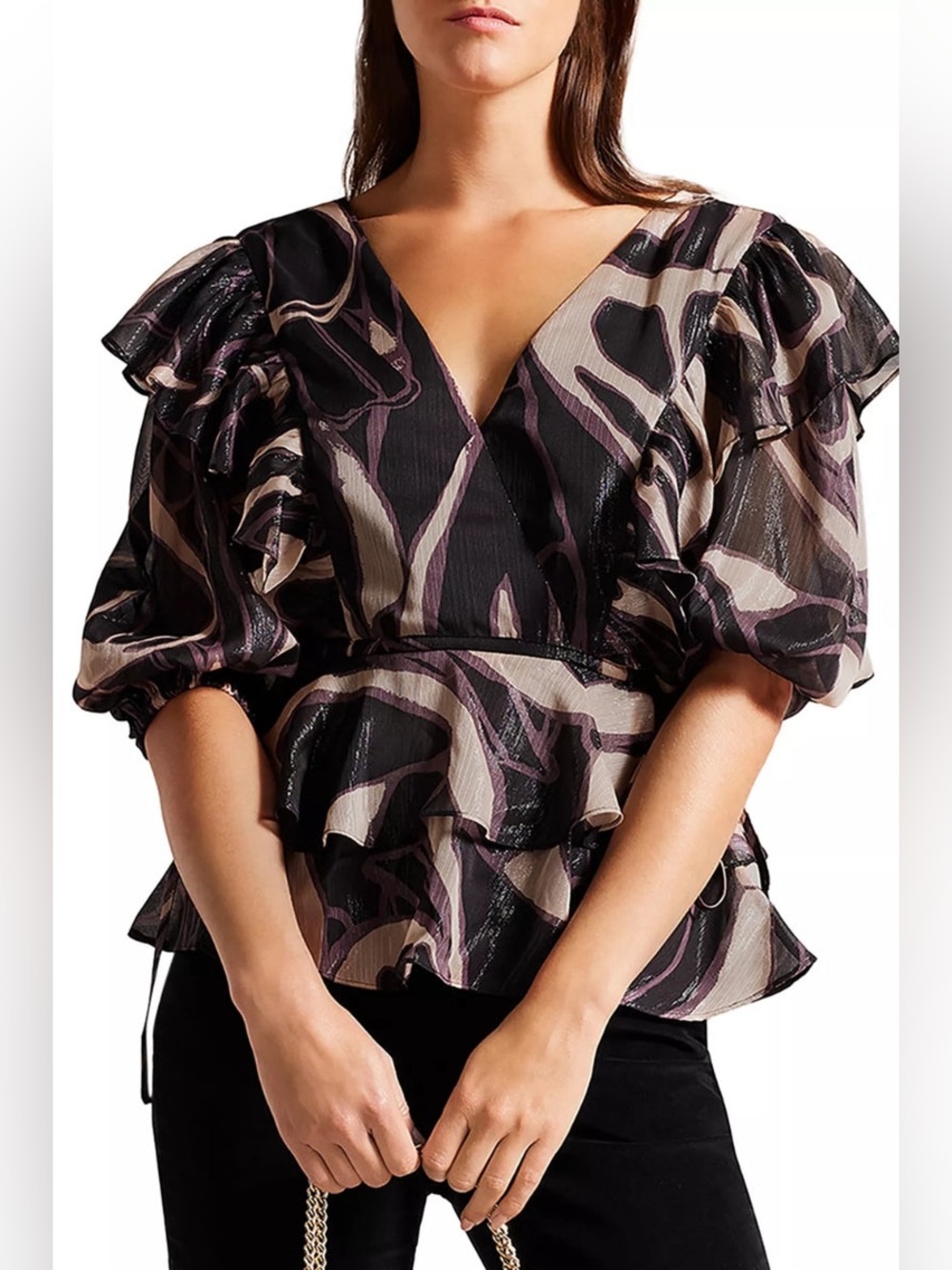 Ted Baker Women’s Jasmyna Wrap V-NeckBow V Back Cutout Puff Balloon Blouse Size3